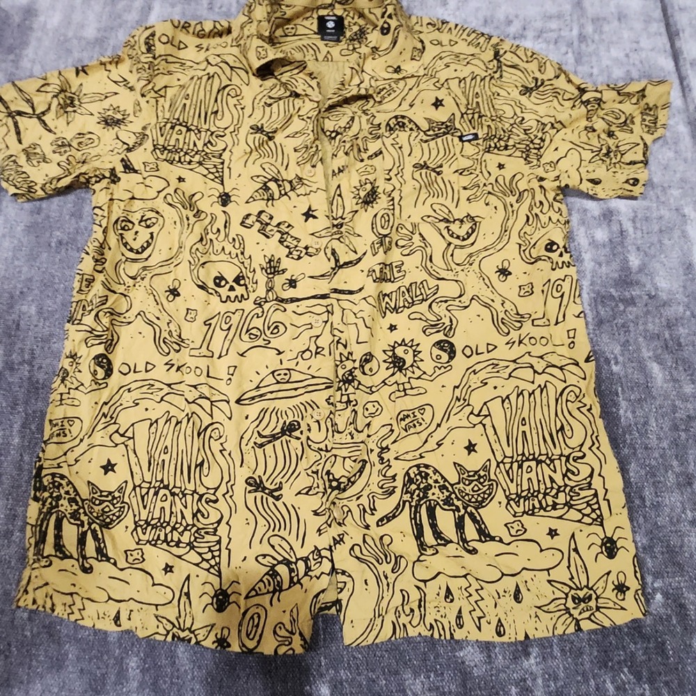 Vans Off The Wall Shirt Mens Medium Yellow Doodle Graphic Skater Button Up Skull